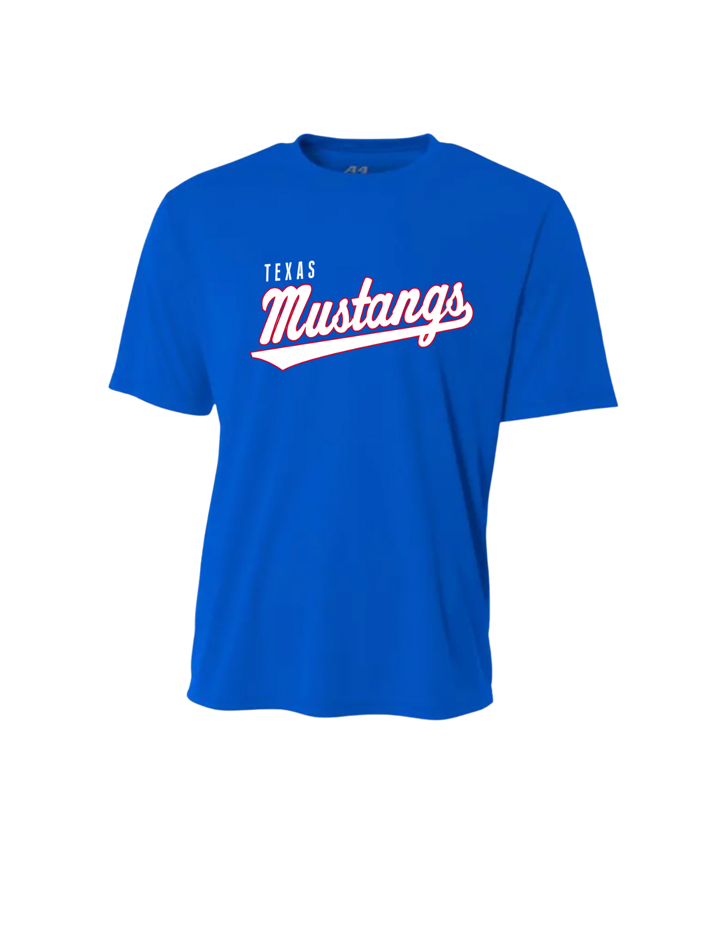 Mustang Single Practice Tee - Red or Blue and Mustang or Script (Adult Sizing)