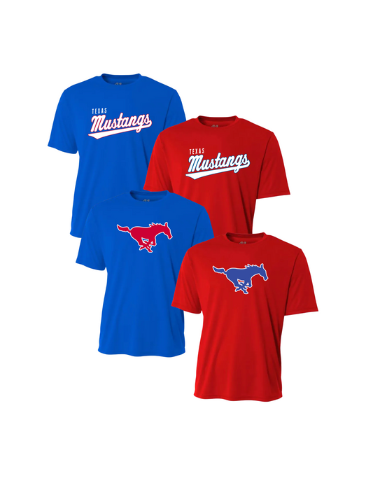 Mustang Single Practice Tee - Red or Blue and Mustang or Script (Youth Sizing)