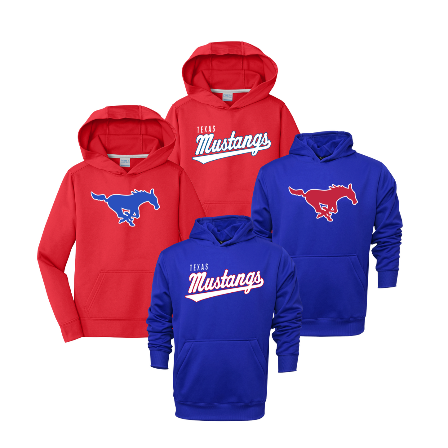 Mustang Single Fleece Hoodie - Red or Blue and Mustang or Script (Youth Sizing)